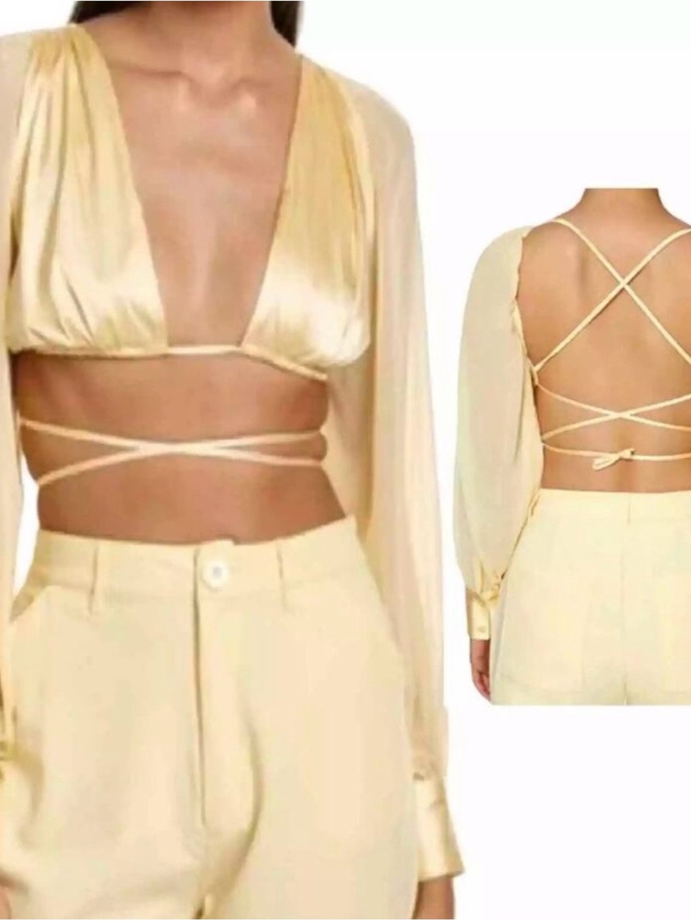 DANIELLE BERNSTEIN Satin Wrap Crop Top in Pale Yellow